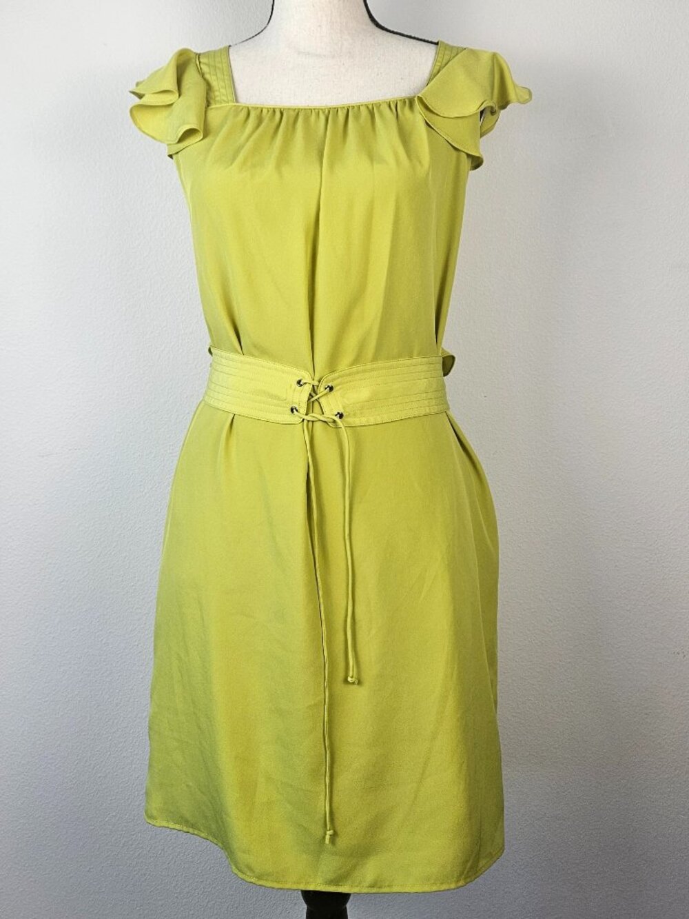 Jessica Simpson Chartreuse Flutter Sleeve Belted Dress Size 4